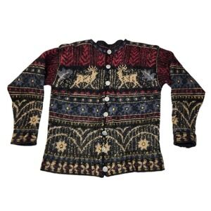 Vintage Nordic Reindeer Cardigan Sweater Womens S Fair Isle Silver Tone Buttons